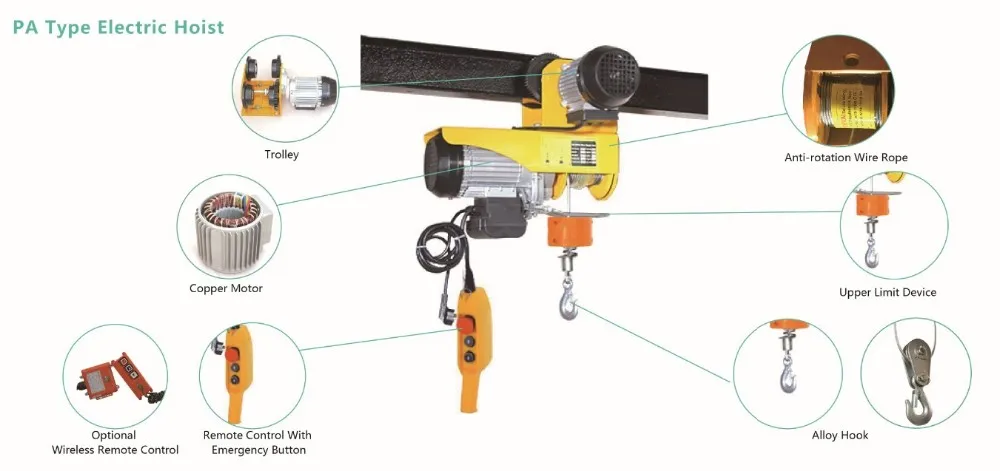 New Design Pa200 To Pa1200 Mini Electric Wire Rope Hoist 220v 230v 240v