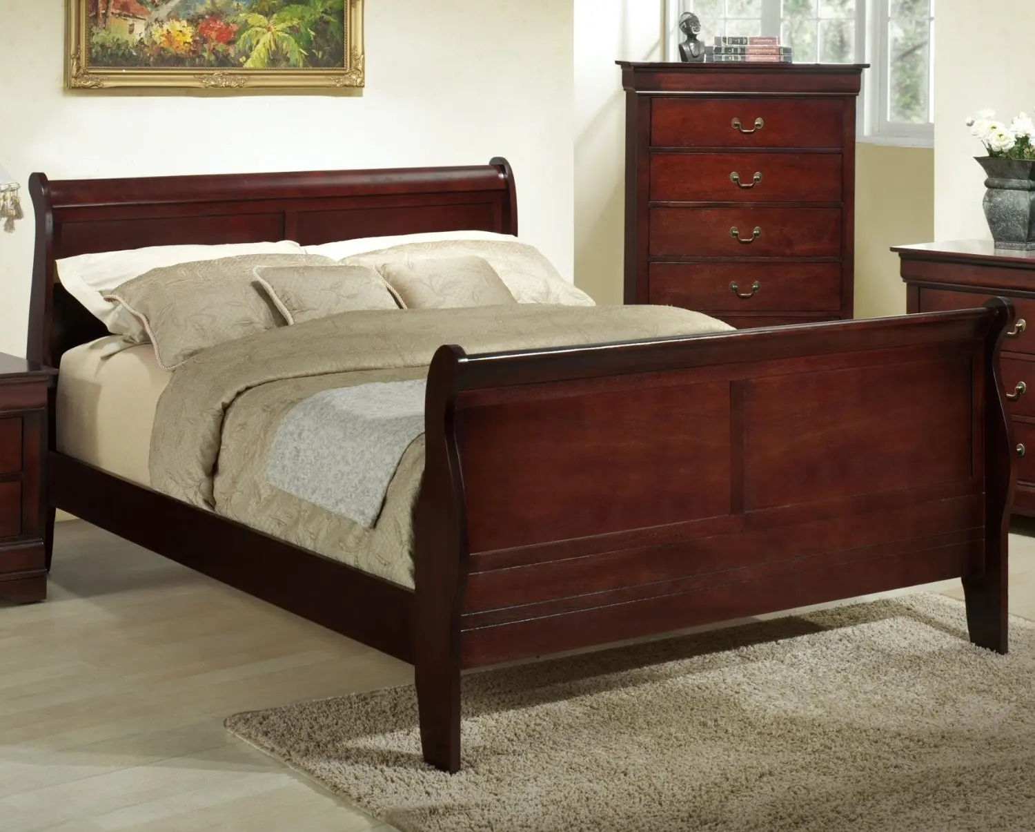 Buy Roundhill Furniture Isola Louis Philippe Style Wood Sleigh Bed, Queen, Cherry Finish in ...