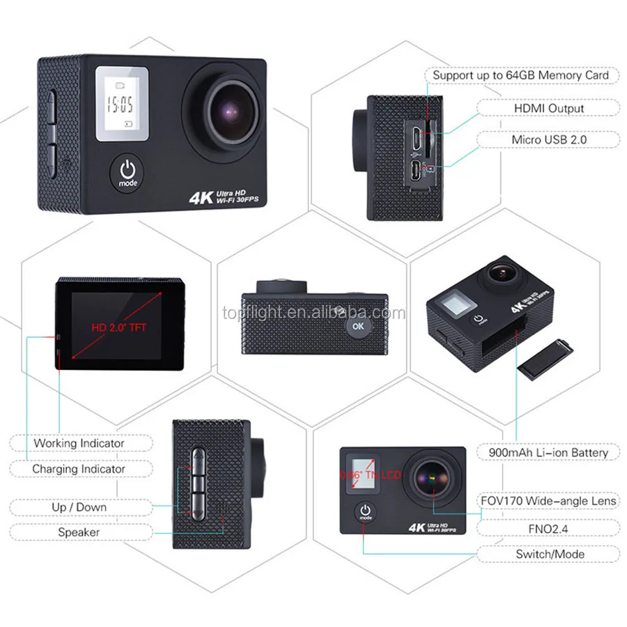 4k 30fps 2.0 Inch Dual Screen 170 Degree Wide View Angle 16mp Wifi