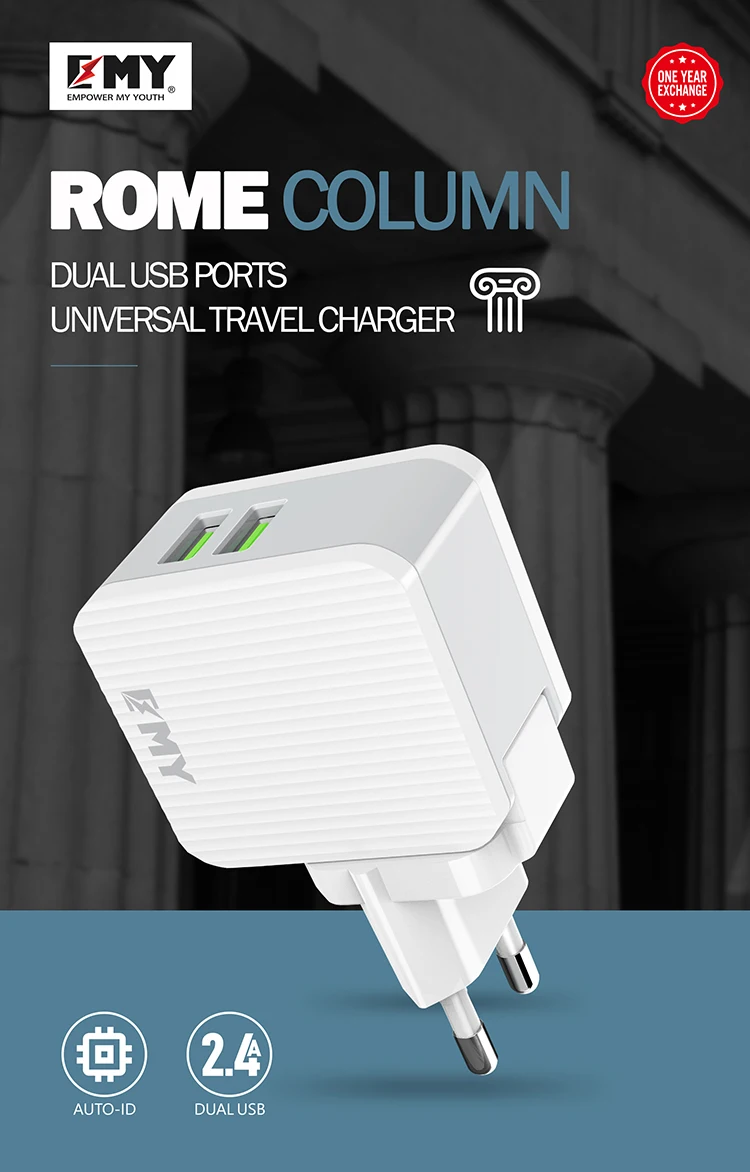 EMY hot selling 5V2.4A travel usb charger with EU/UK/US plug for Android phone