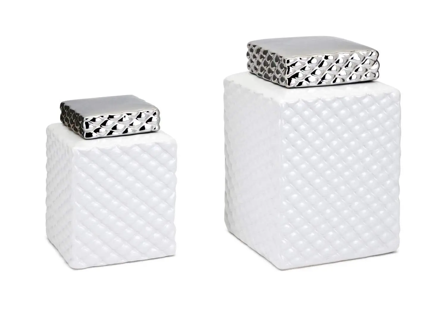 CC Home Furnishings Set of 2 White and Silver Contemporary Pattern Decorative Rectangular Canisters 11”