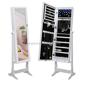 Floor Standing Rotating Mirror Jewelry Cabinet Living Room