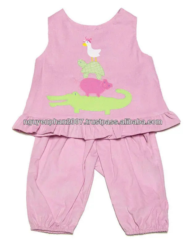 applique stack of animals on pink corduroy pantaloons set