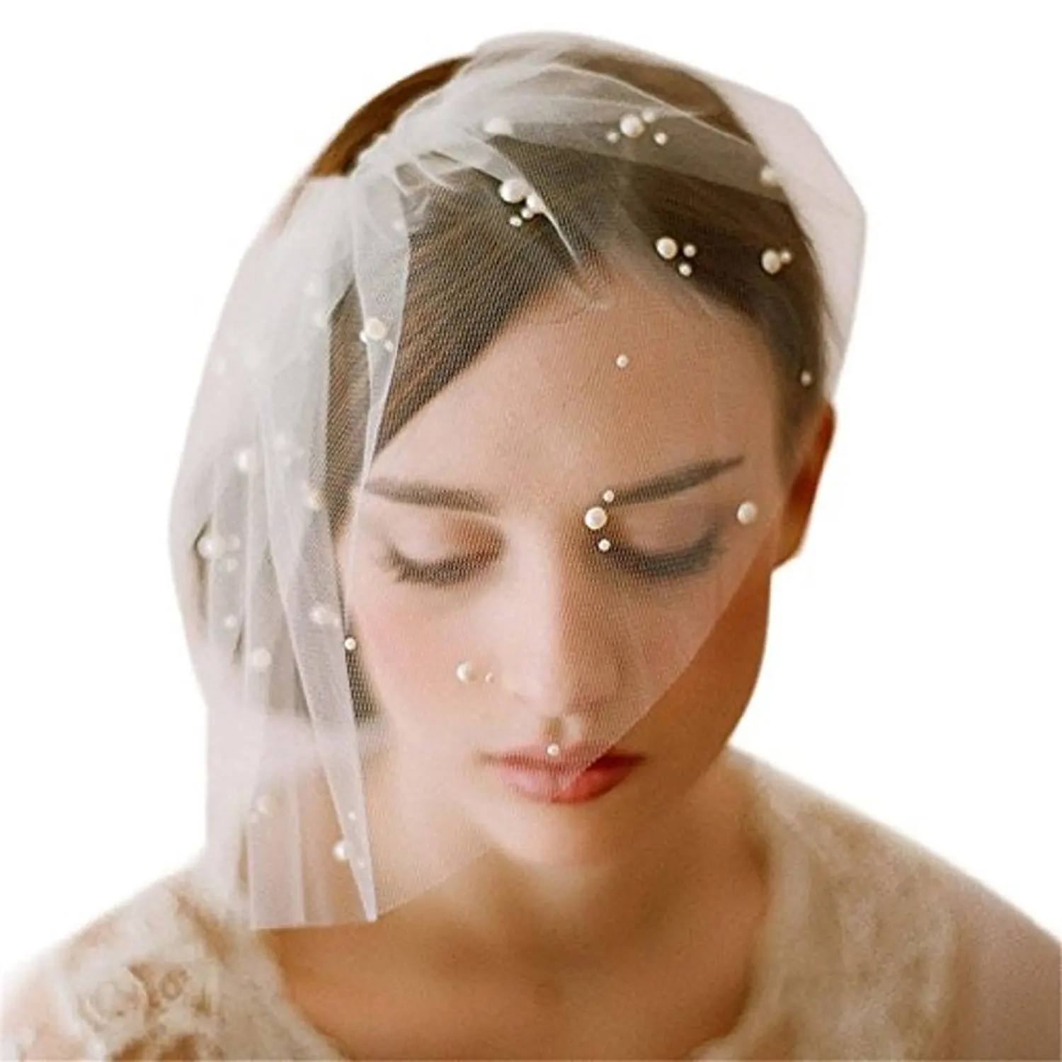 Adonis Pigou Short Birdcage Mesh Pearls Bridal Veils With Comb Wedding Accessories Headwear