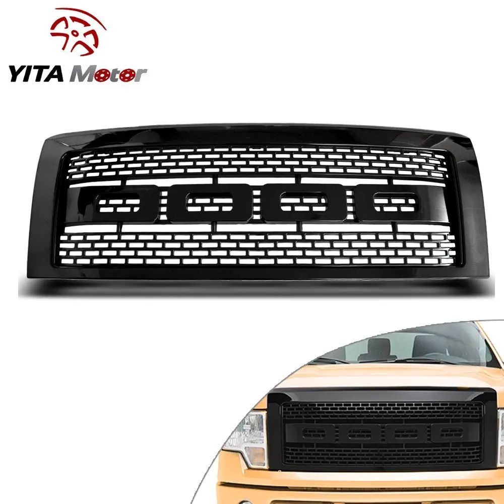 YITAMOTOR Glossy ABS Raptor Style Front Mesh Hood Grille Inserts for 09-14 Ford F150(Black)
