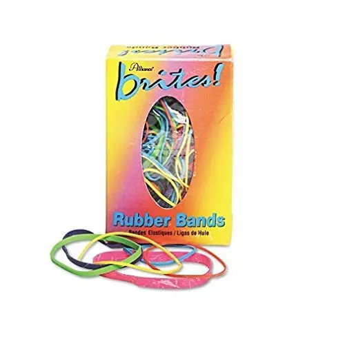 Alliance Rubber Products - Rubber Bands, 1-1/2 oz., BE/OE/YW/LE/PE/PK - Sold as 1 BX - Brites Hot-Color Rubber Bands are color-coded by size for quick, easy use. Feature #16 Blue, #18 Orange, #19 Yellow, #32 Lime, #33 Purple and #64 Pink. Rubber bands come in an easy-to-use dispenser box that fits