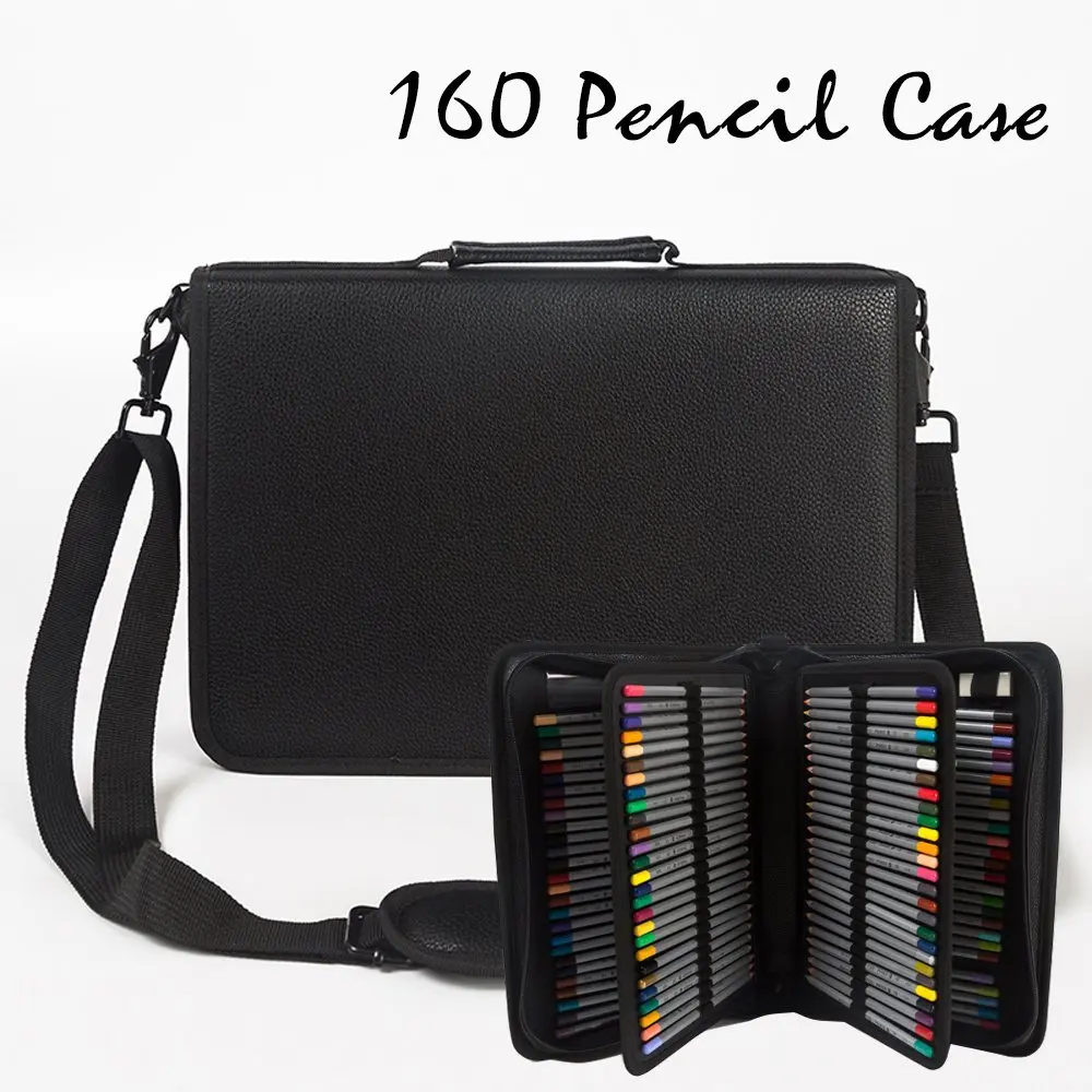 DoDoMall Pu Leather Pencil Case for Colored Pencils, 160 Slots Colored Pencil Holder Pen Bag Pouch for Prismacolor Watercolor Pencils, Crayola Colored Pencils, Marco Pens and Cosmetic Brush (Black)