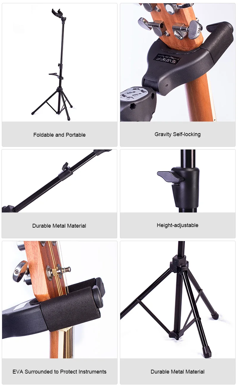 Black Foldable Metal Guitar Tripod Stand Up Guitar Holder Stand Case