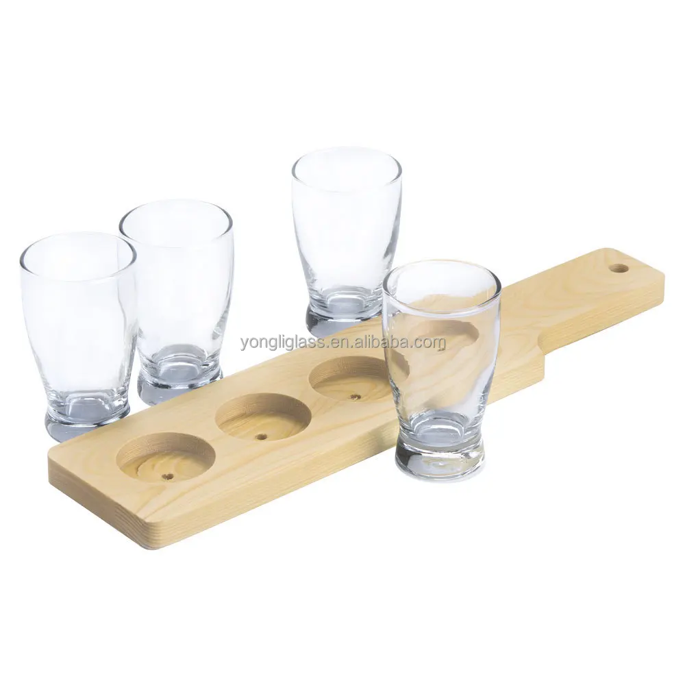 Beer Sampler Glasses and Paddle, Craft brews beer flight wine glass set with natural woodden paddle