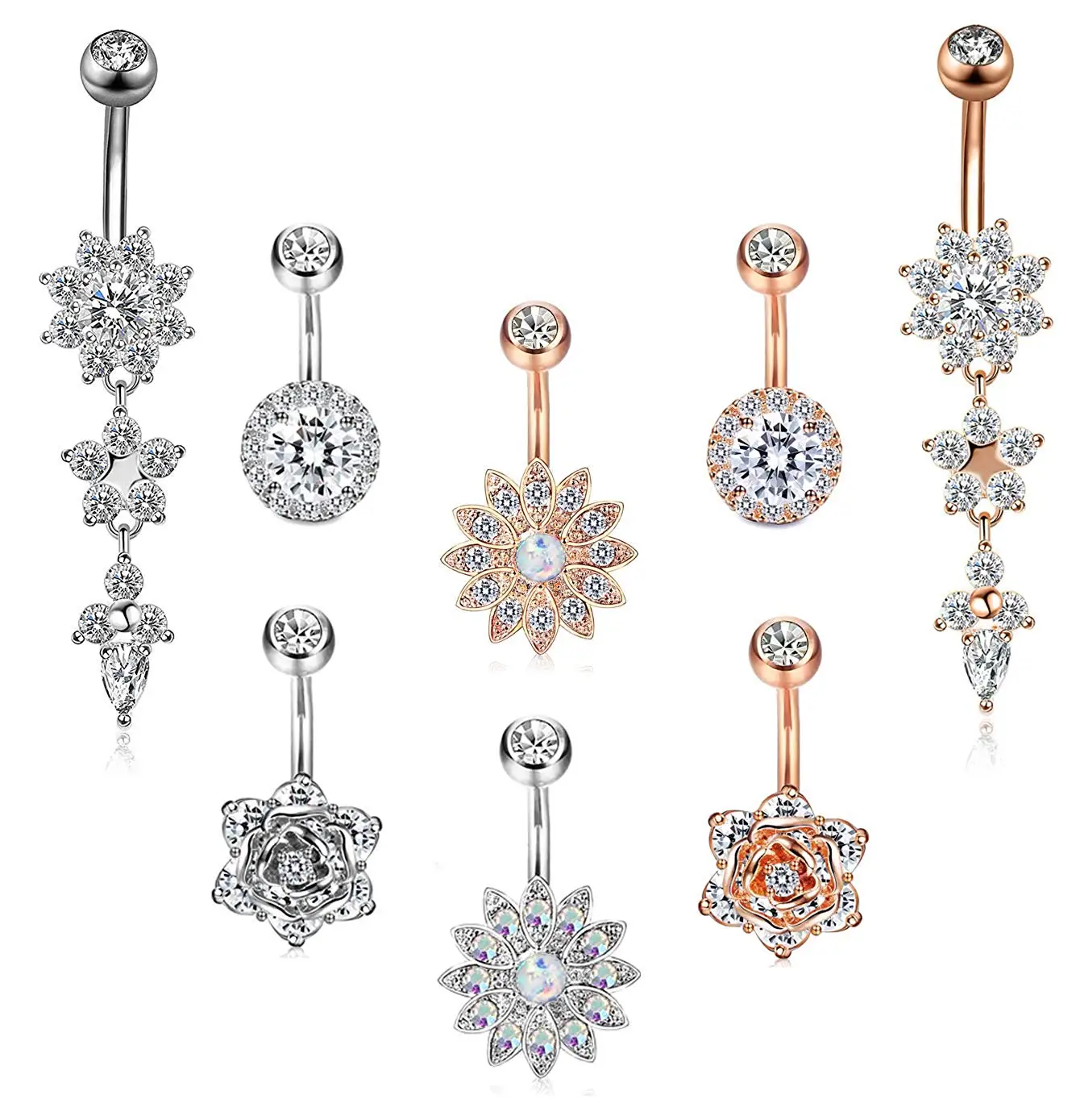 BodyBonita 8pcs Belly Button Rings Dangle 316L Stainless Steel Belly Navel Rings Curved Barbell CZ Gold Rose Gold Body Piercing Jewelry for Women Men 14G 