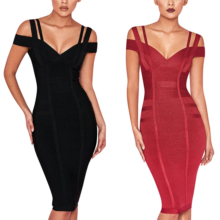 New Design Bare Shoulder Deep V Tight Bodycon Sexy Women Bandage Dress