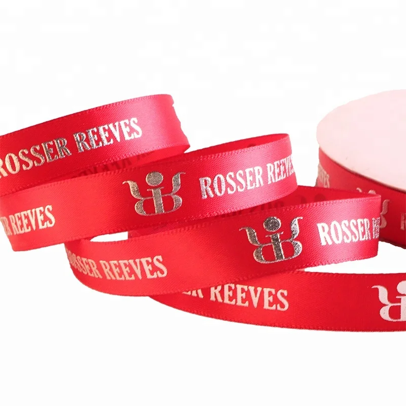 Wholesale Custom Embossed Logo Ribbon,2cm Red Sliver Foil Printed Satin