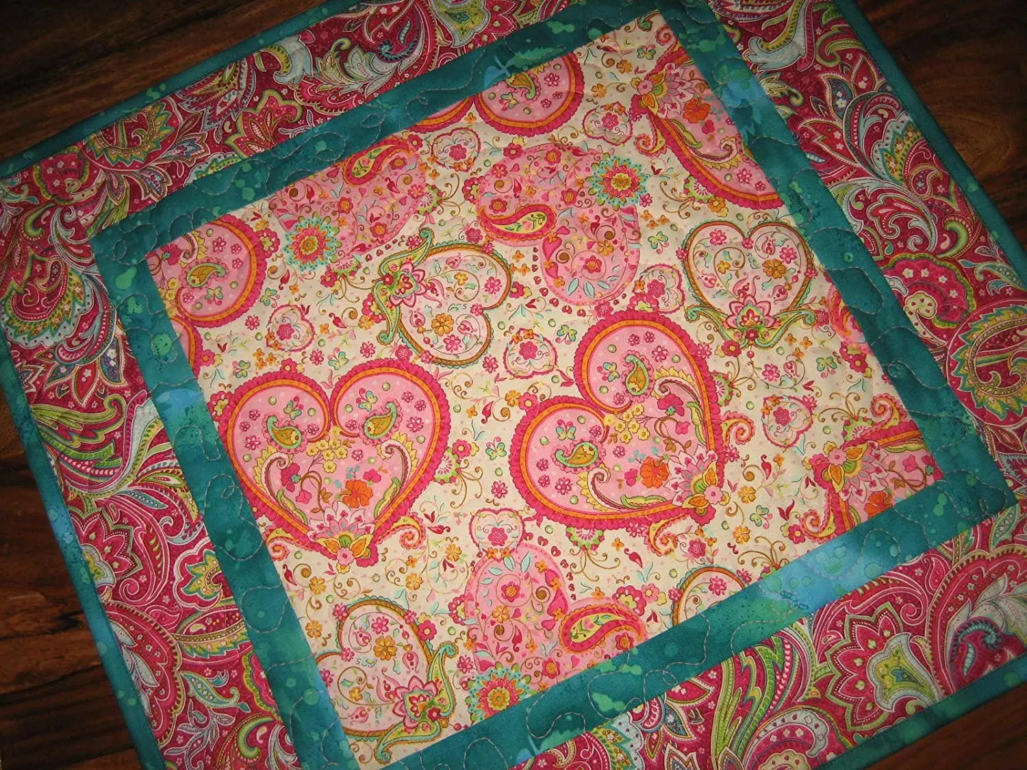 Valentines Day Table Topper, Pink Blue Green Hearts 19 x 20" Cotton Fabric Reversible