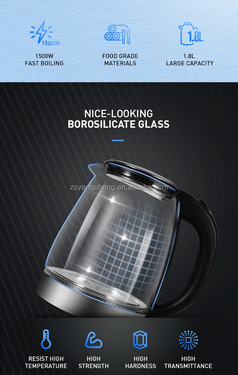 Free Sample Manufacture New Blue Light 110V 1.8L Big Smart Electronic Glass Stainless Steel Tea Water Electric Kettle