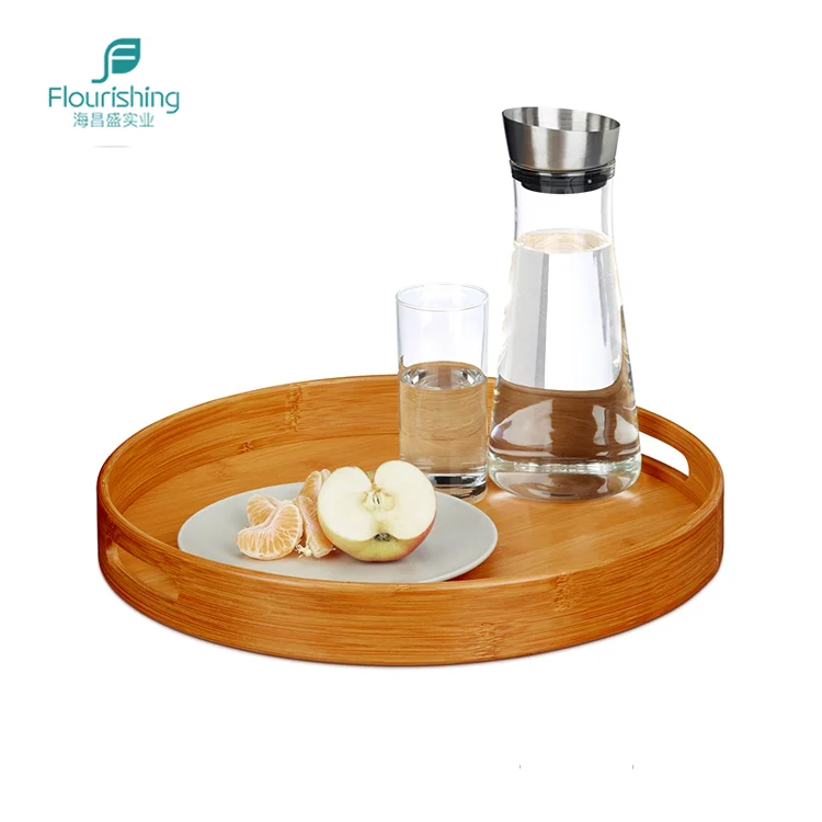 Wholesale Wooden Custom Print Round Bamboo Serving Tray With Handles