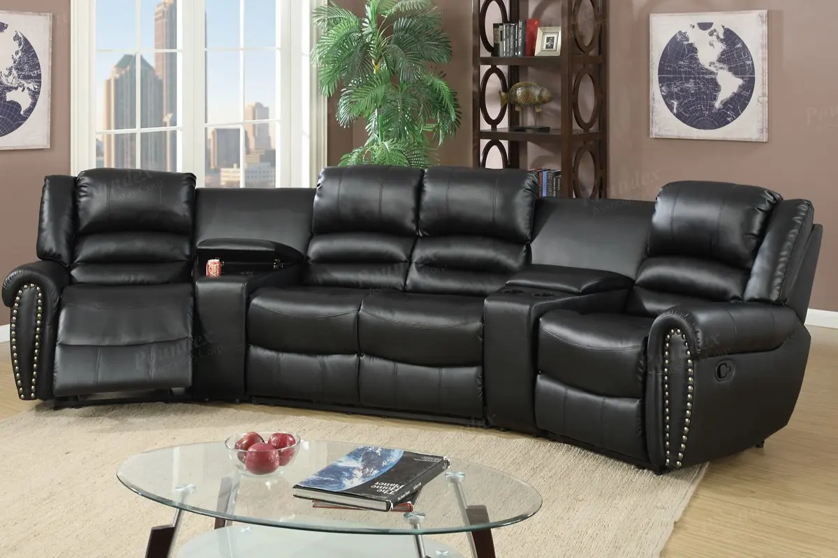5pcs Black Bonded Leather Reclining Sofa Set Home Theater Sectional Sofa Set with Two Center Consoles