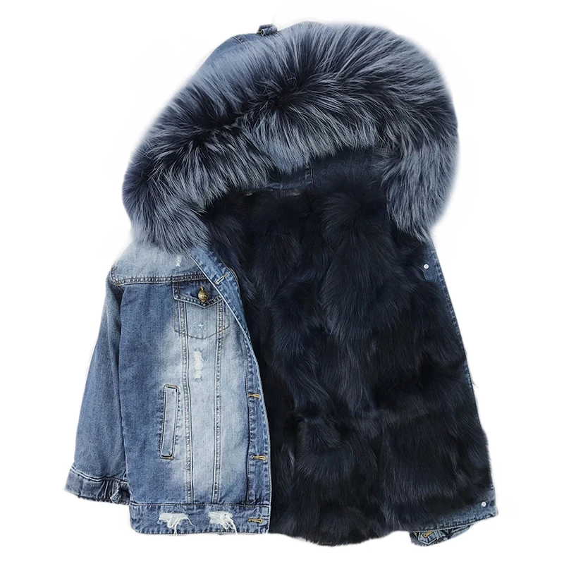 denim winter coat with fur hood