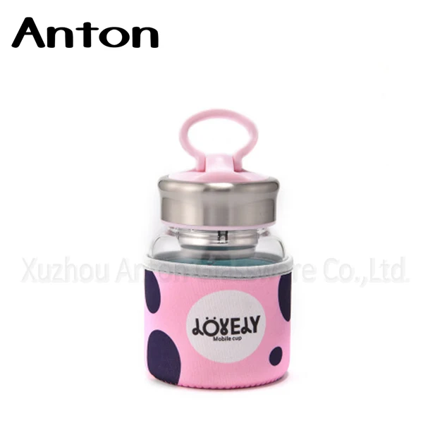 350 ml Double wall Glass Tea Bottle office with Stainless steel lids