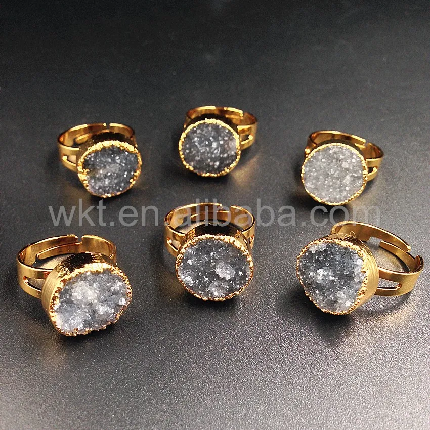 WT-R246 Newest Natural grey druzy quartz ring 24k gold plated adjustable size grey druzy ring