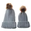 Custom Knitted Women Winter Cheap Beanie Hat Mom and baby matching knitted faux fur pom poms Beanie hats