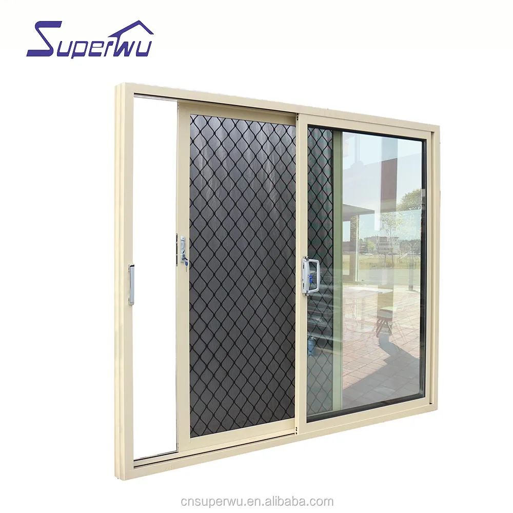 Aluminium double glass sliding doors with stainless steel security mesh
