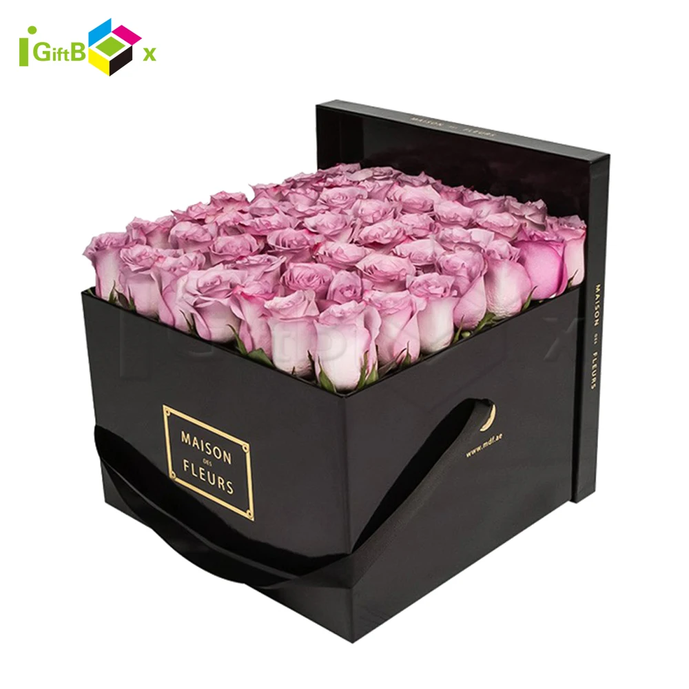 Luxury Custom Square Black Florist Preserved Fresh Paper Rose Flower