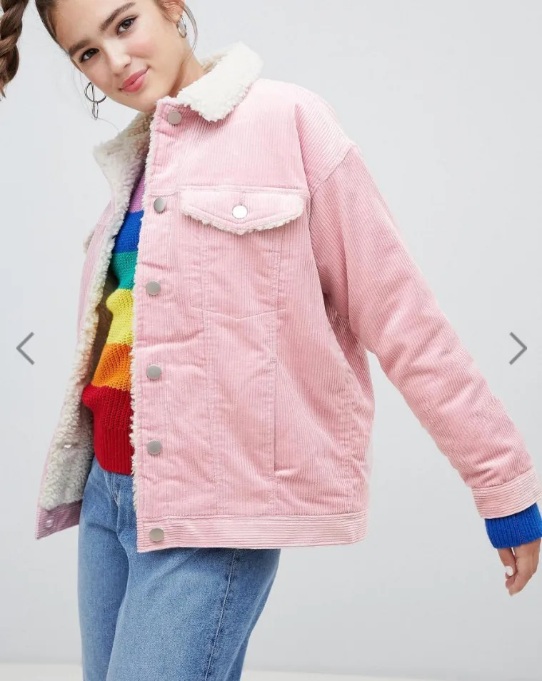 Sherpa Lining Womens Jean Jacket Corduroy Denim Jaket Windbreaker Pink