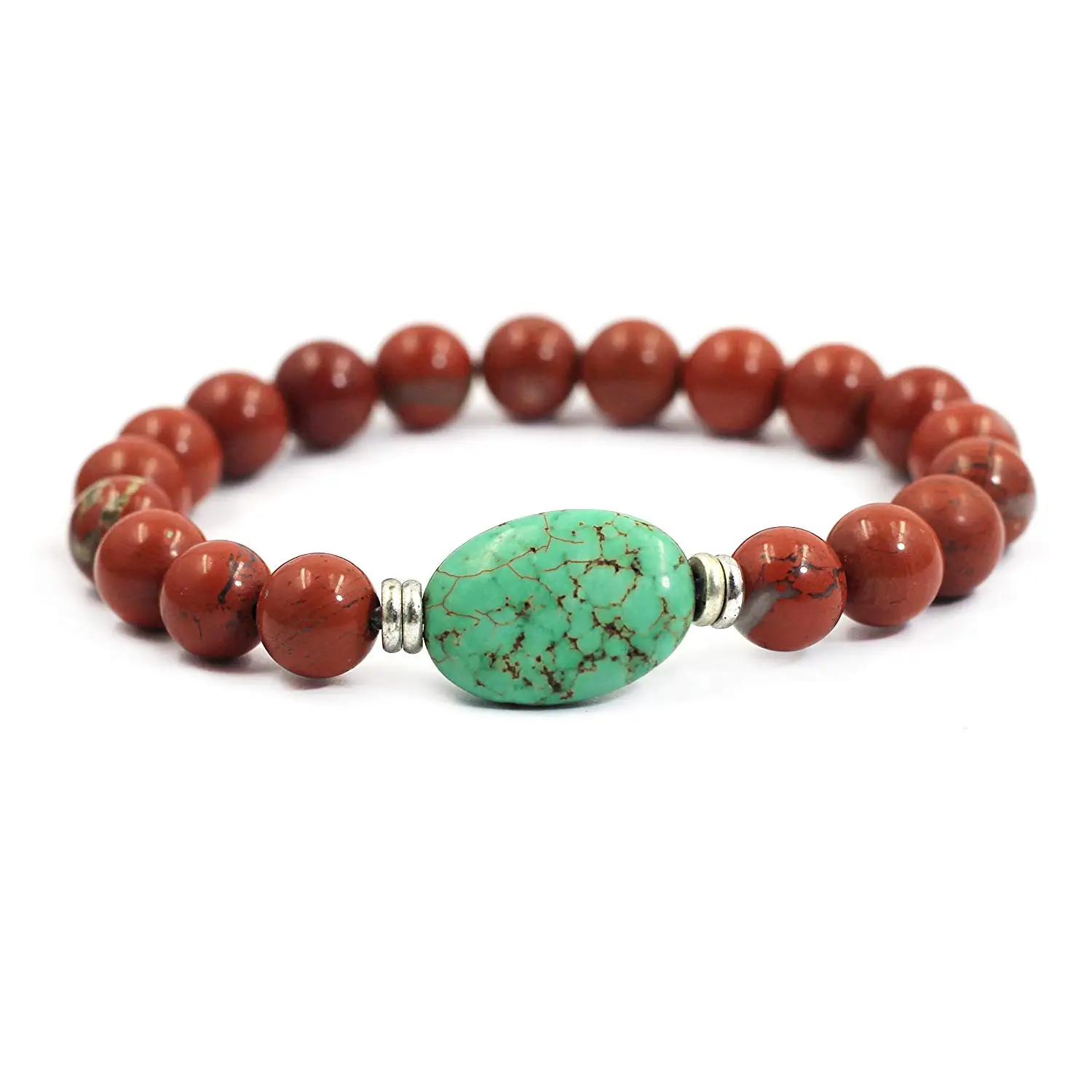 tom+alice Natural Gemstone 8MM Healing Beads Reiki Chakra Stretch Beaded Bracelets with Middle Ornament Womens Fashion (Red Stone Silver)