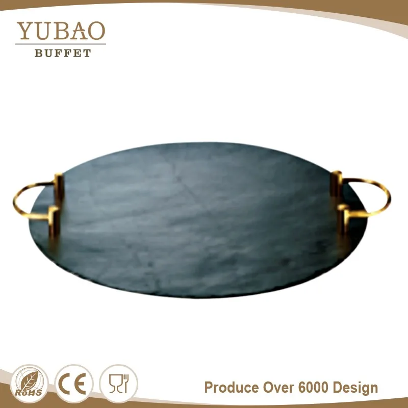 Round Slate Plate,Natural Black Slate Stone Plate With Handle,Stone