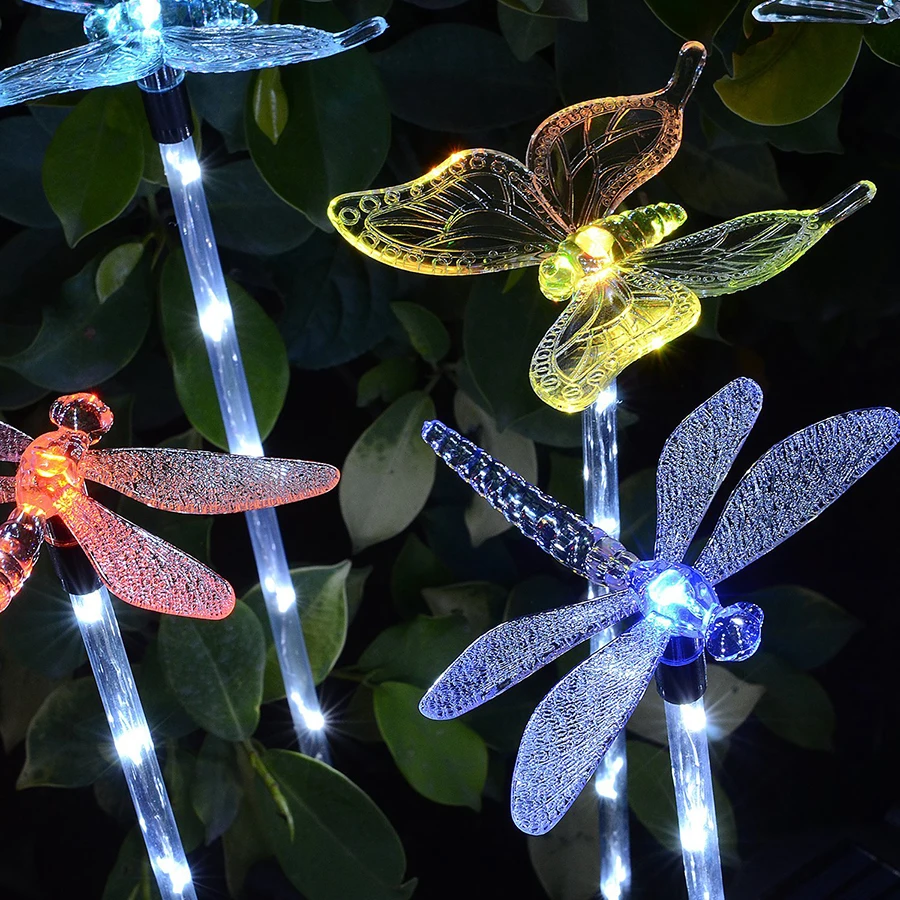 Luces LED para jardín solar al aire libre Luz de estaca para jardín con energía solar Chameleon Luz LED cambiante multicolor, Paquete de 3 Mariposa, Colibrí, Libélula 
