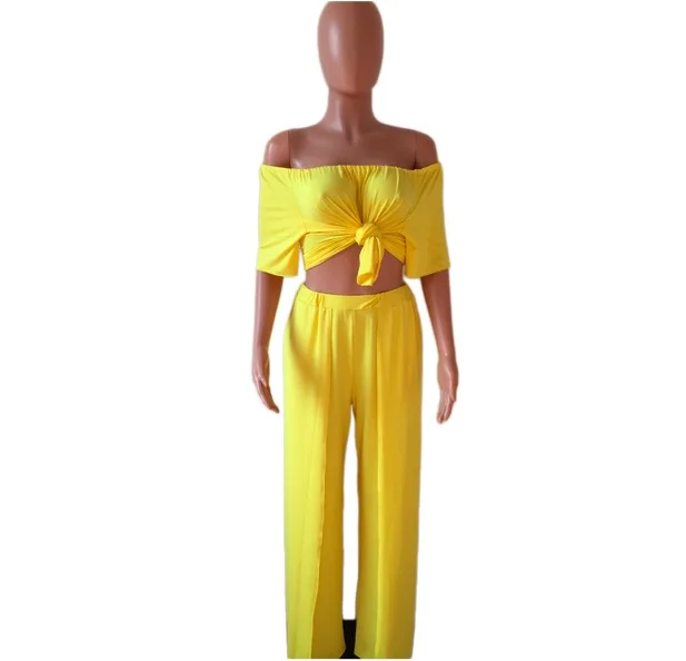 2019 Summer Women Off Shoulder Crop Top Wide Leg Pants Fashion Romper Jumpsuit Two Piece Set