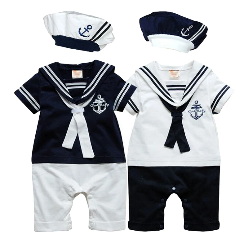 New Summer navy style short sleeve Newborn baby romper kids boys girls romper hat set baby