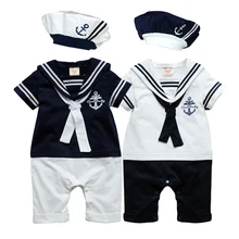 New Summer navy style short sleeve Newborn baby romper kids boys girls romper hat set baby