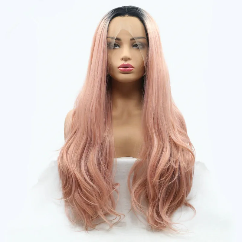 Pink Wig Natural Wave Long Hair Synthetic Lace Front Wigs For