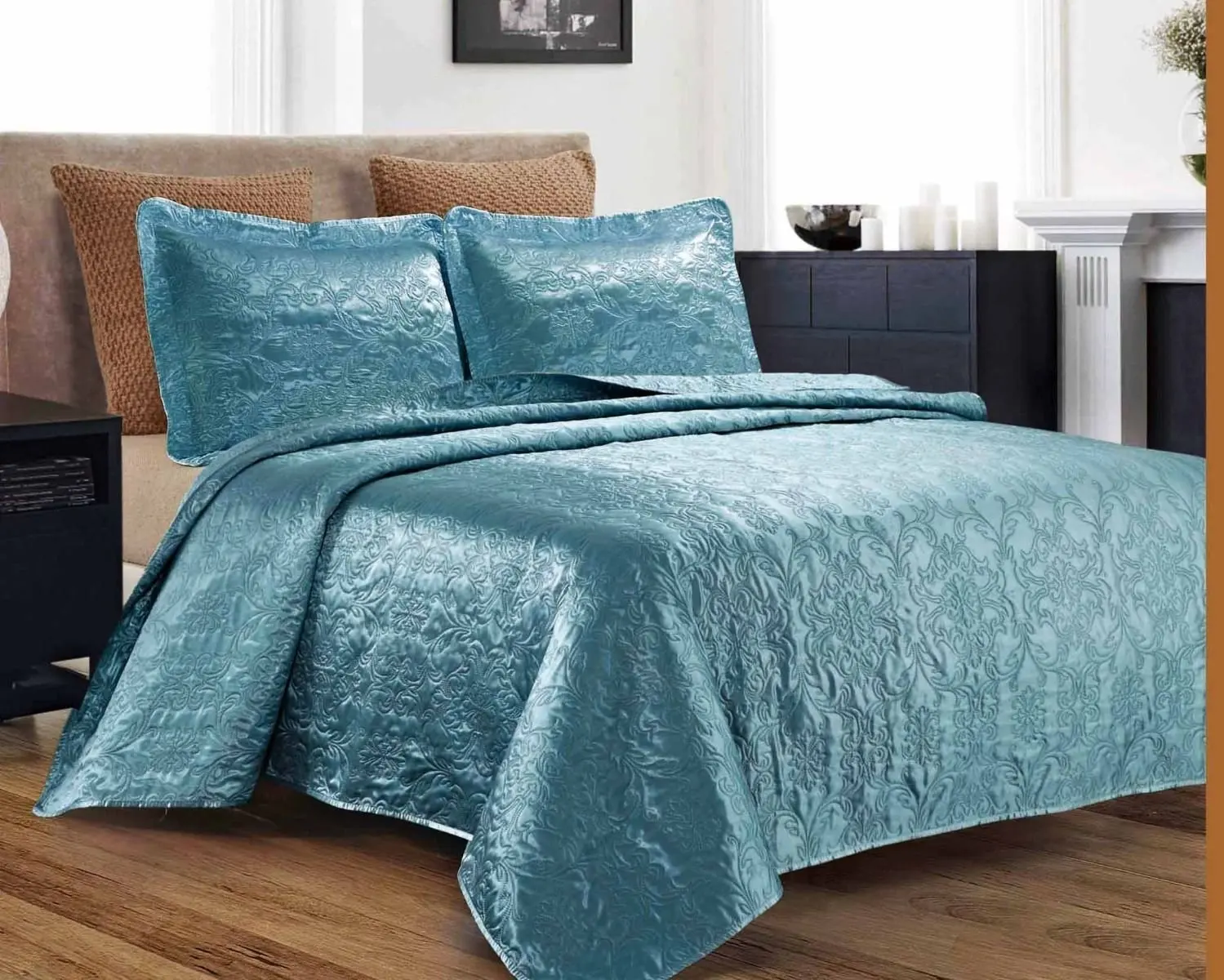 Buy 3 Piece Silky Satin Quilted Bedspread Coverlet Set Turquoise