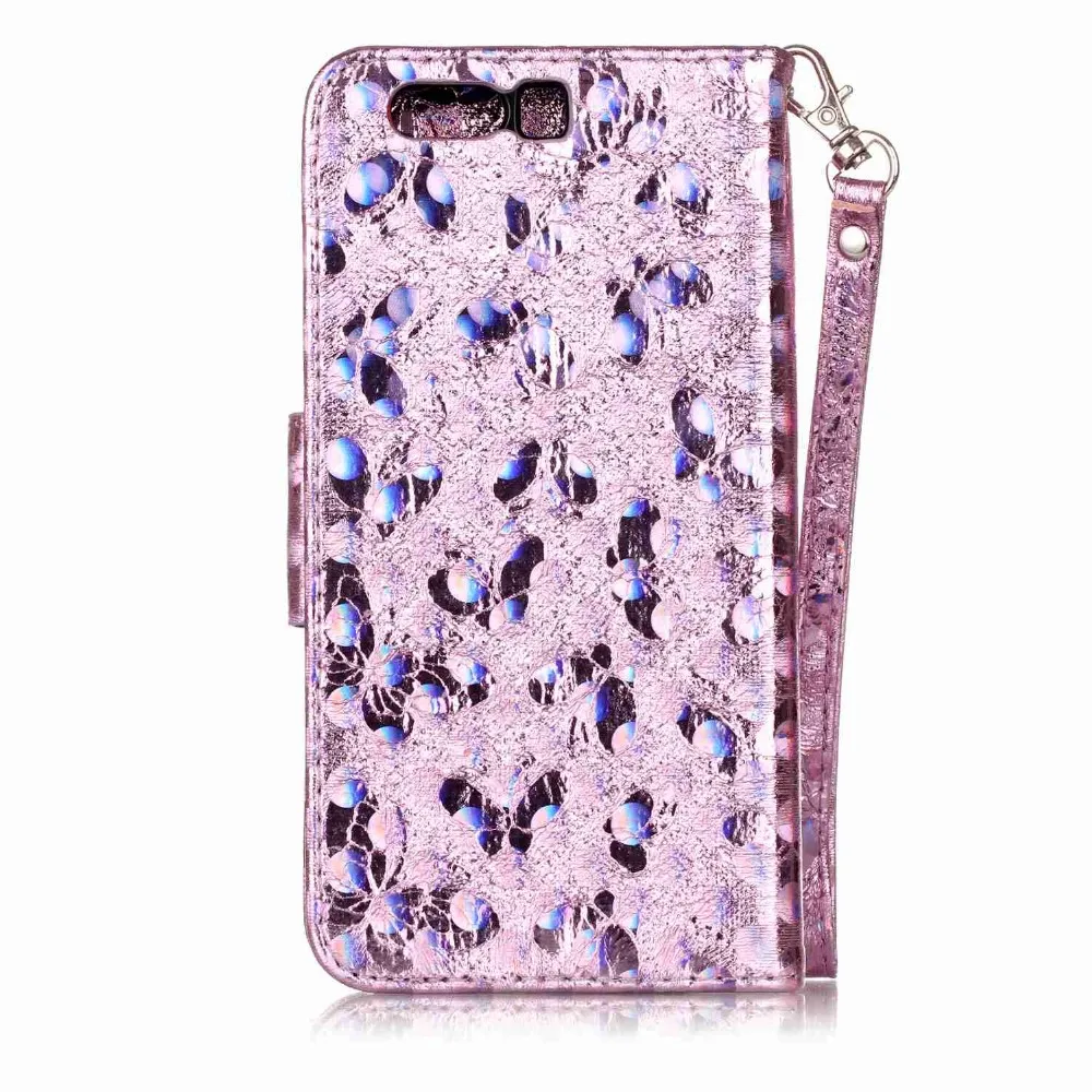 Book Wallet Laser butterfly leather flip phone case for Huawei P10 / P10 plus