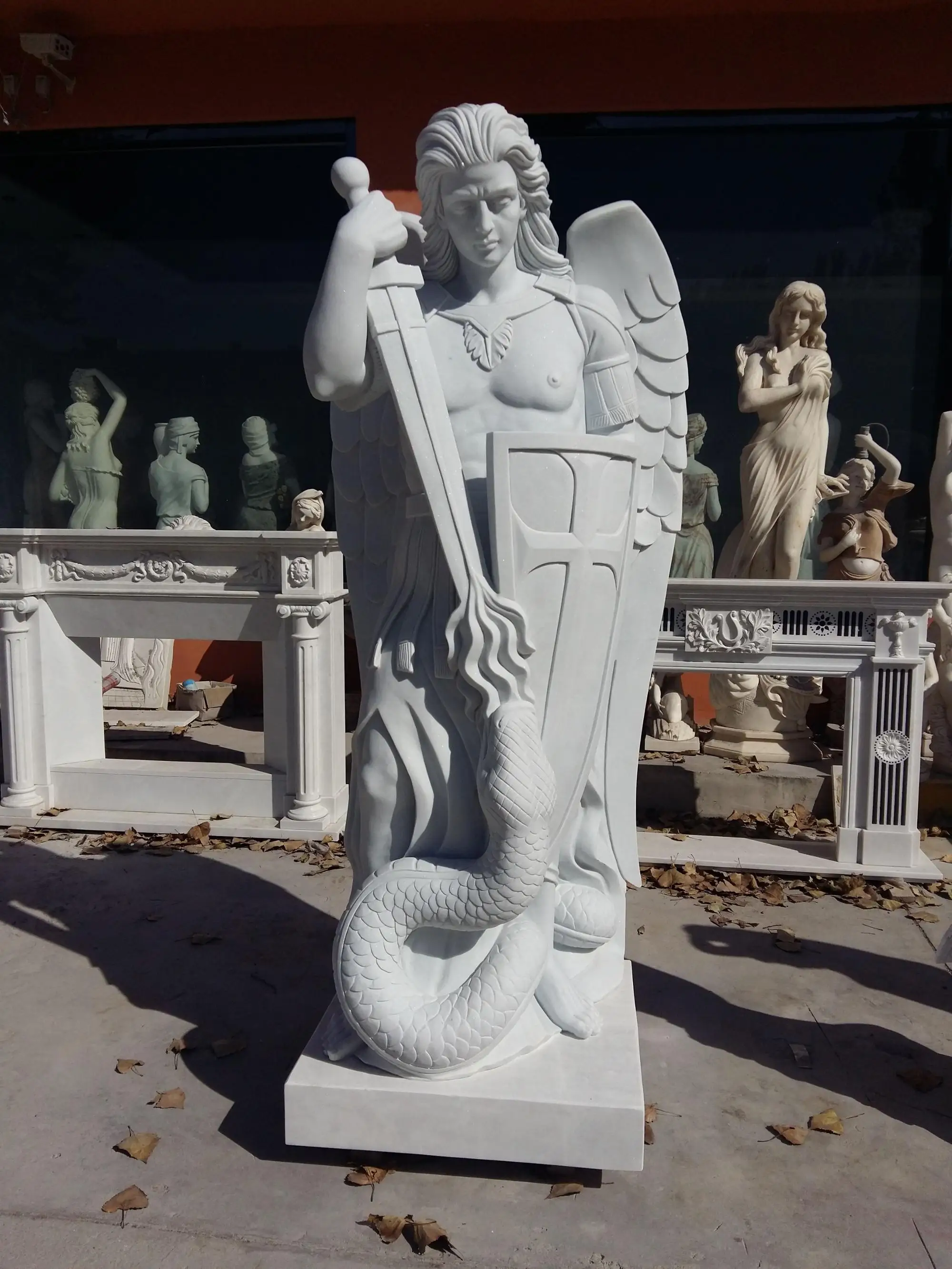 Outdoor Garden Decoration Stone Carving Marble Statues St Michael
