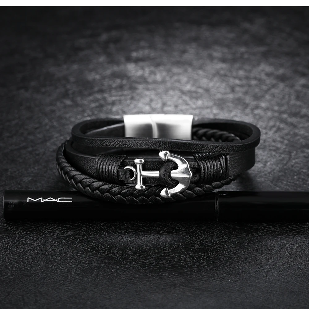 China Wholesale Braided Wrap Leather Mens Black Anchor Bracelet
