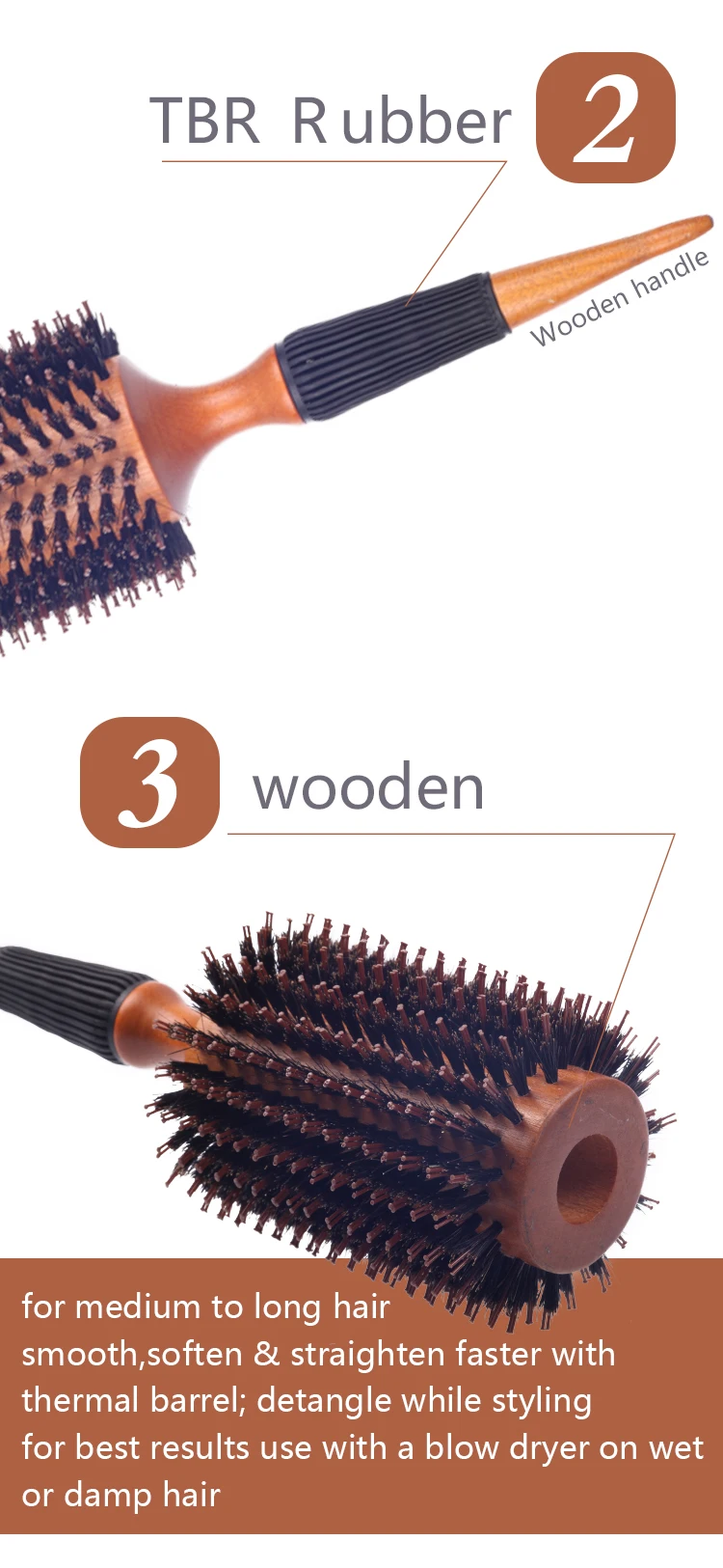 EUREKA 28044-W94-LBR Professional Boar Bristle Nylon Pins Round Brush Wooden Hair Brush