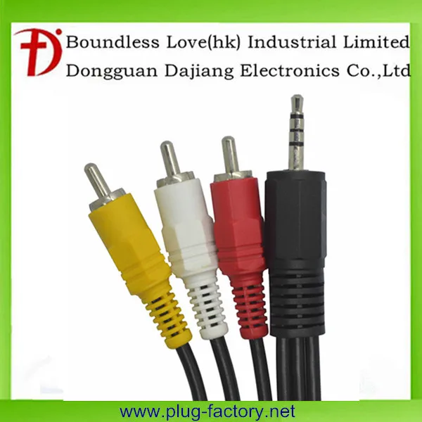 186cm 3.5mm 4 pole male to 3 Male RCA adapter cableOD 3.4mm, NI YE,WH,RE,BK