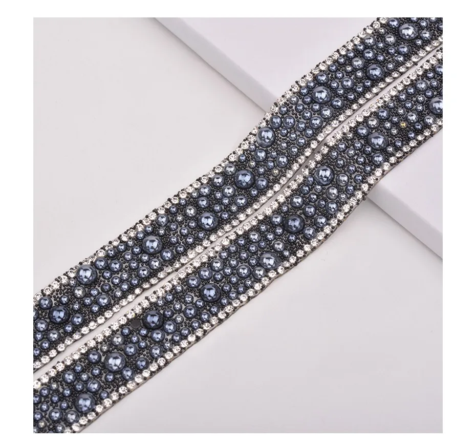 White Black Colorful Pearl Trim Rhinestone Chain Crystal Fabric
