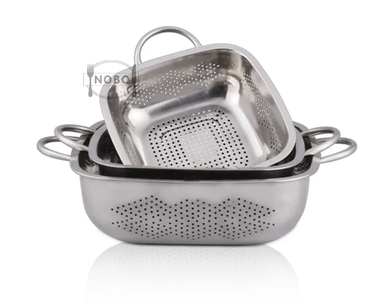 Square Shape 3pcs Set Double Handle Stainless Steel Kitchen Strainer 