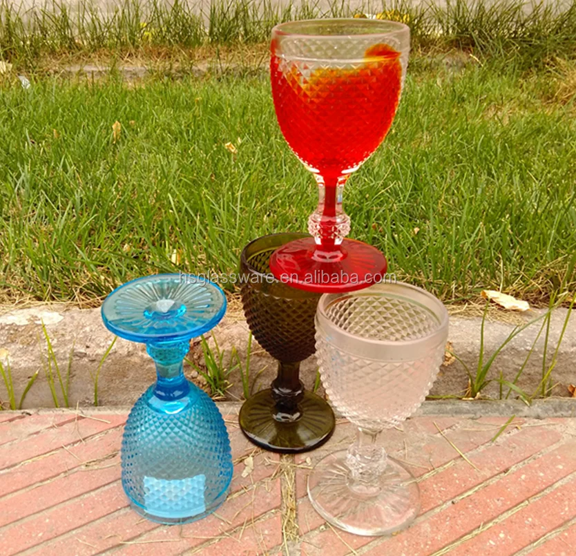 1 Piece 300ml 10oz Vintage Embossed Colored Goblet Wine Glasses Goblets  Stemware Glass Cup Table Decor