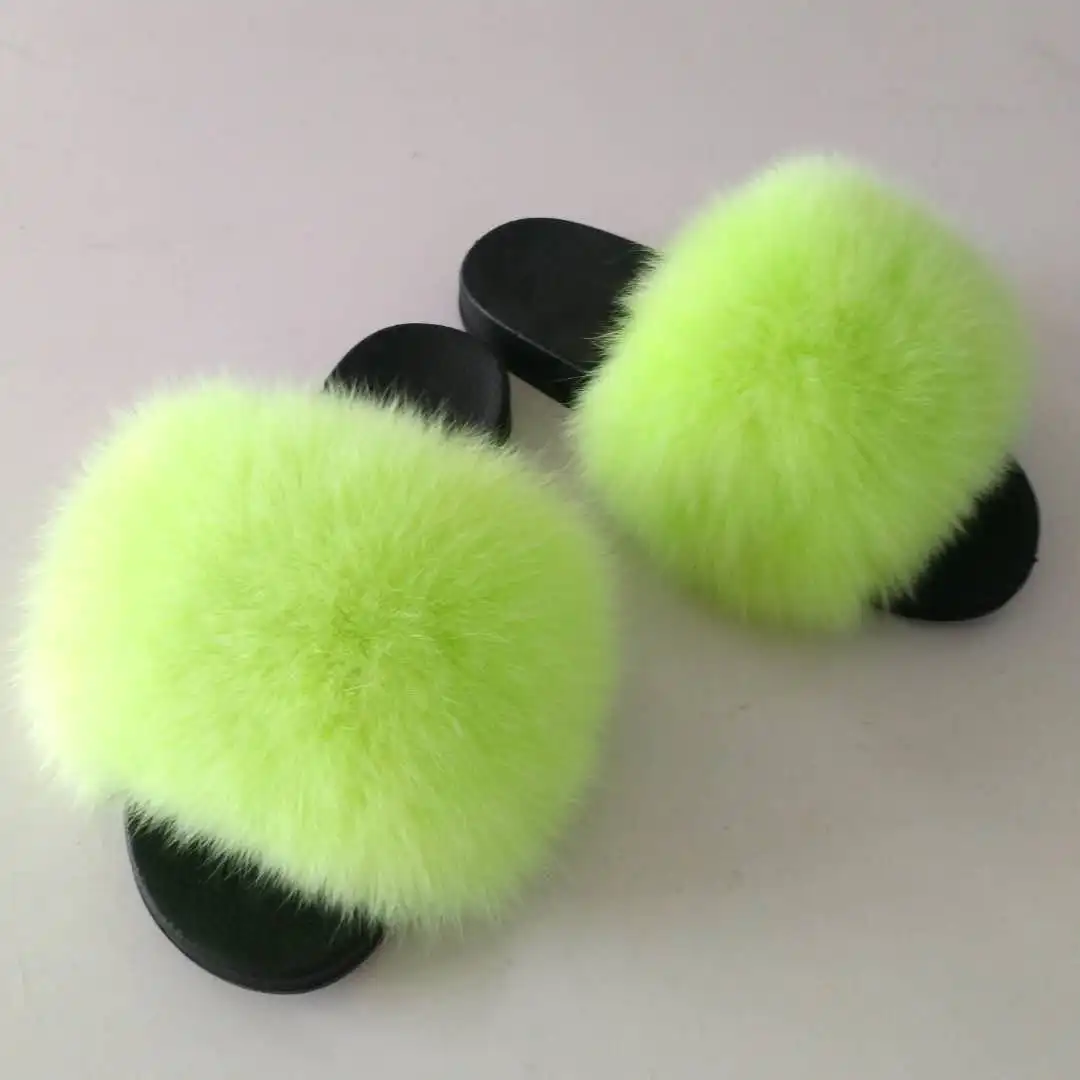 Cheap Green Fur Slippers Real Fox Fur Fluffy Slides For Women And Fox ...