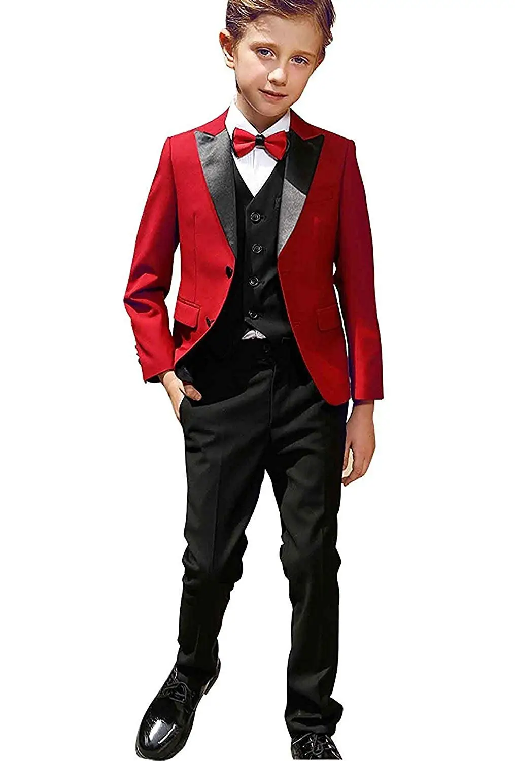 yeoyaw Boys Red//Black Classic Slim Fit Tuxedo Suits Set Jacket Vest Pants Wedding Party Ceremony