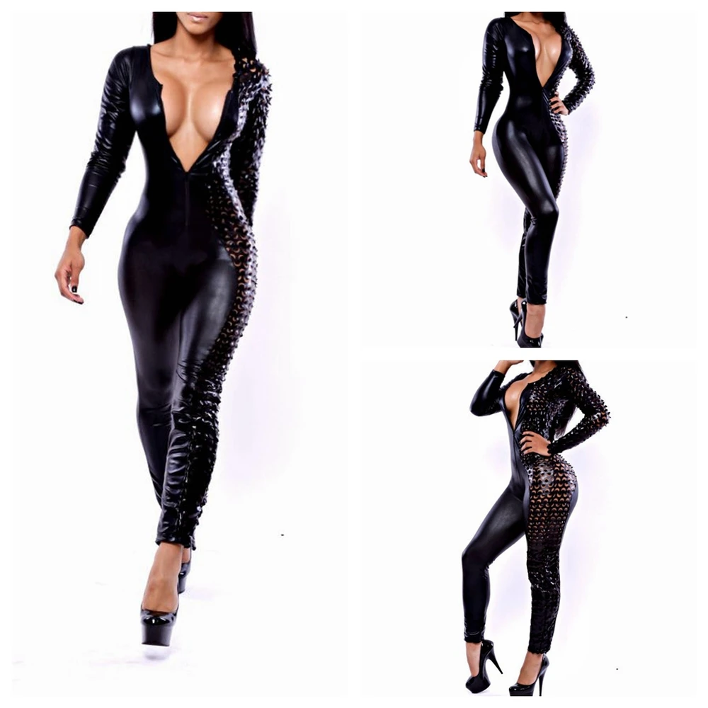 2014 Wholesale Skintight Black Leather Jumpsuit Buy Sexy Leather