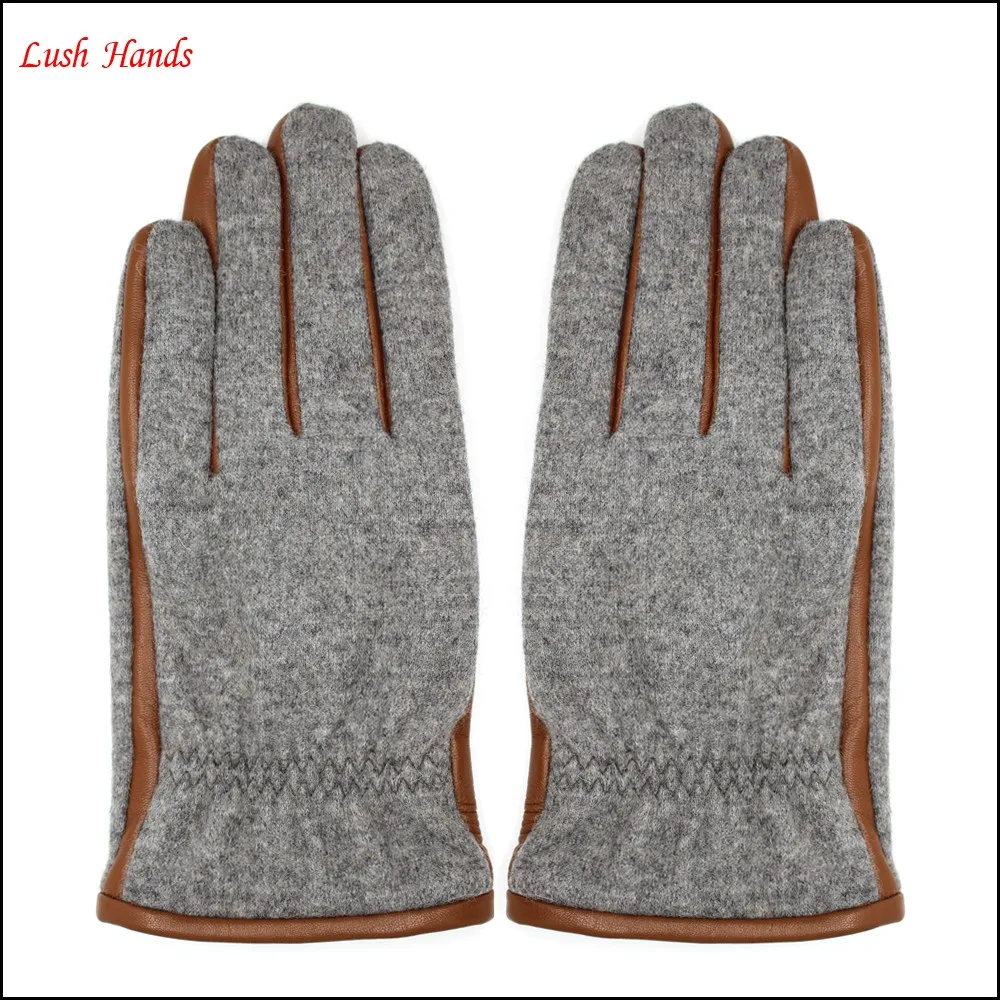 woolen gloves with fake fur men's fashion woolen and leather stitch touch screen gloves