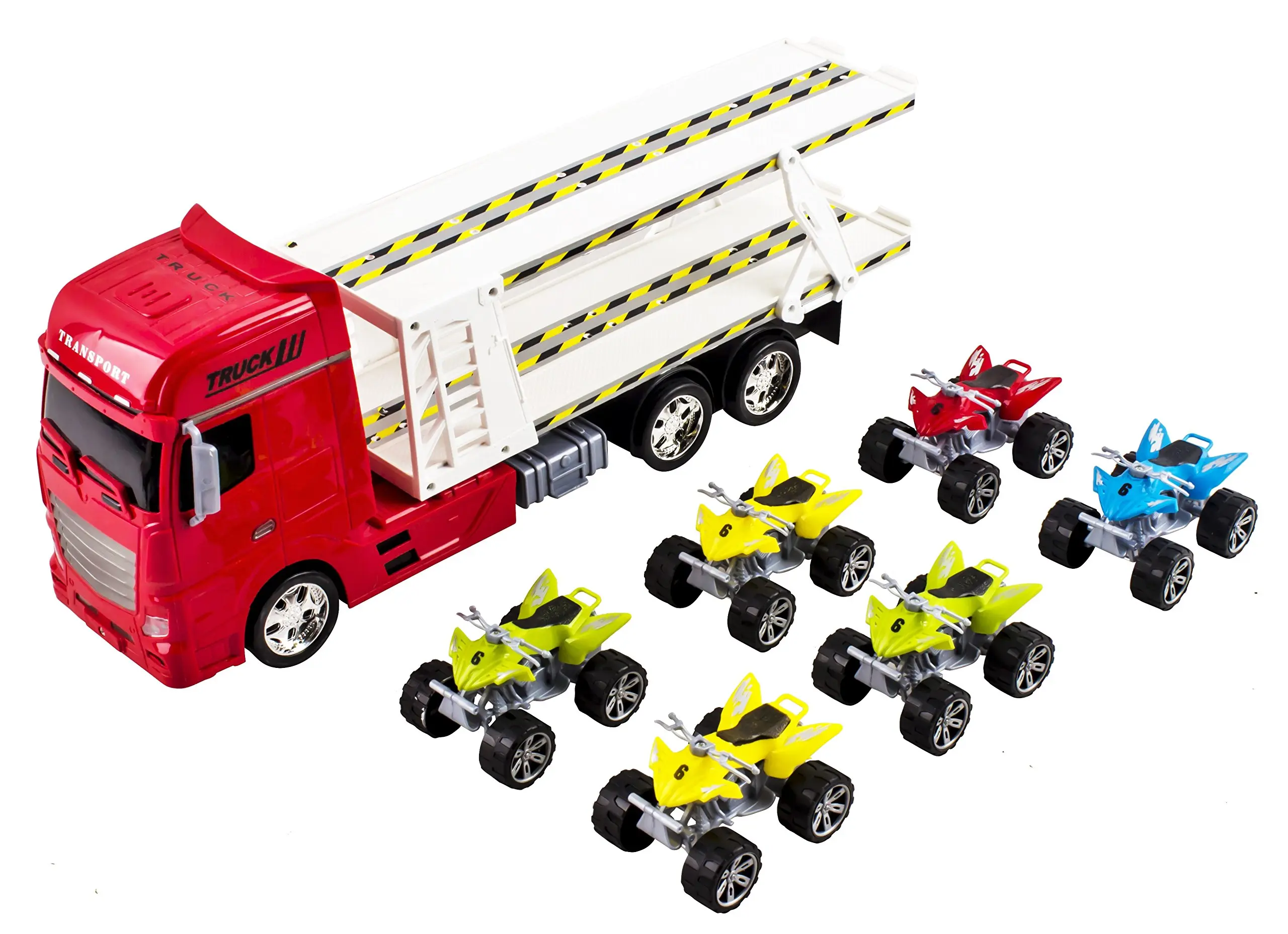 Toy Truck Transporter Trailer Semi Truck 14.5 Childrens Friction Toy Truck w// 4 Toy ATVs Blue Truck No Batteries Required