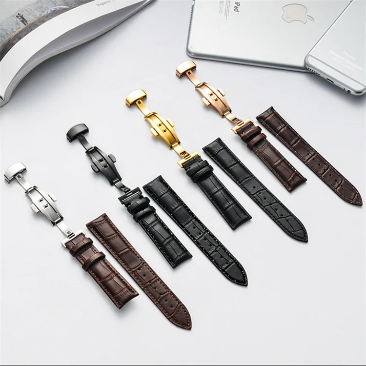 Genuine Leather Watch Strap Stainless Steel Butterfly Double Buckle 22mm Silver/gold/black/rose