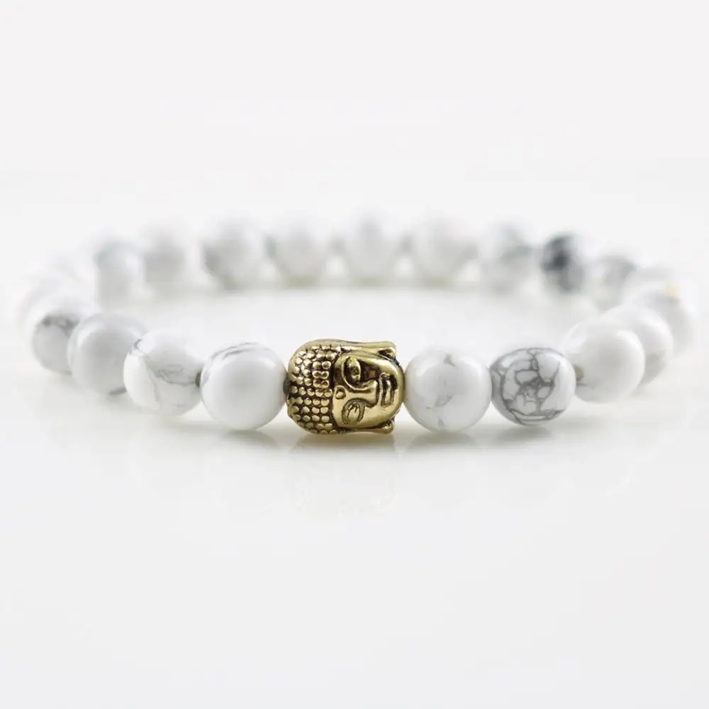 Gold Plated Buddha Bracelet With 8mm Natural Grey Stone Beads Energy